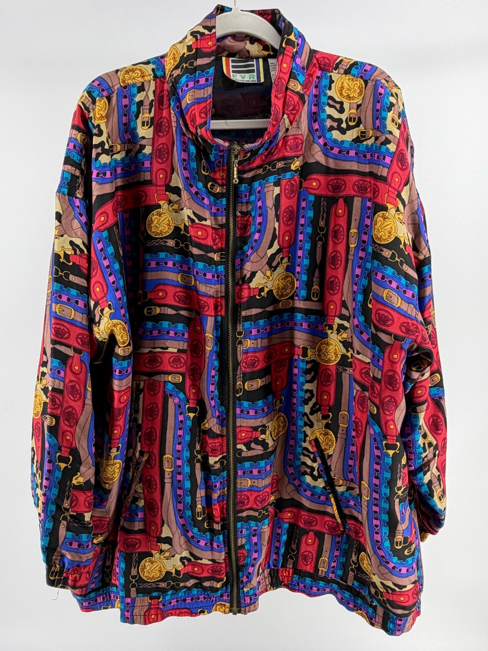 Vintage EVR 100% Silk Bomber Jacket, 80s 90s, Bold Maximalist Chainlink, Size 2X